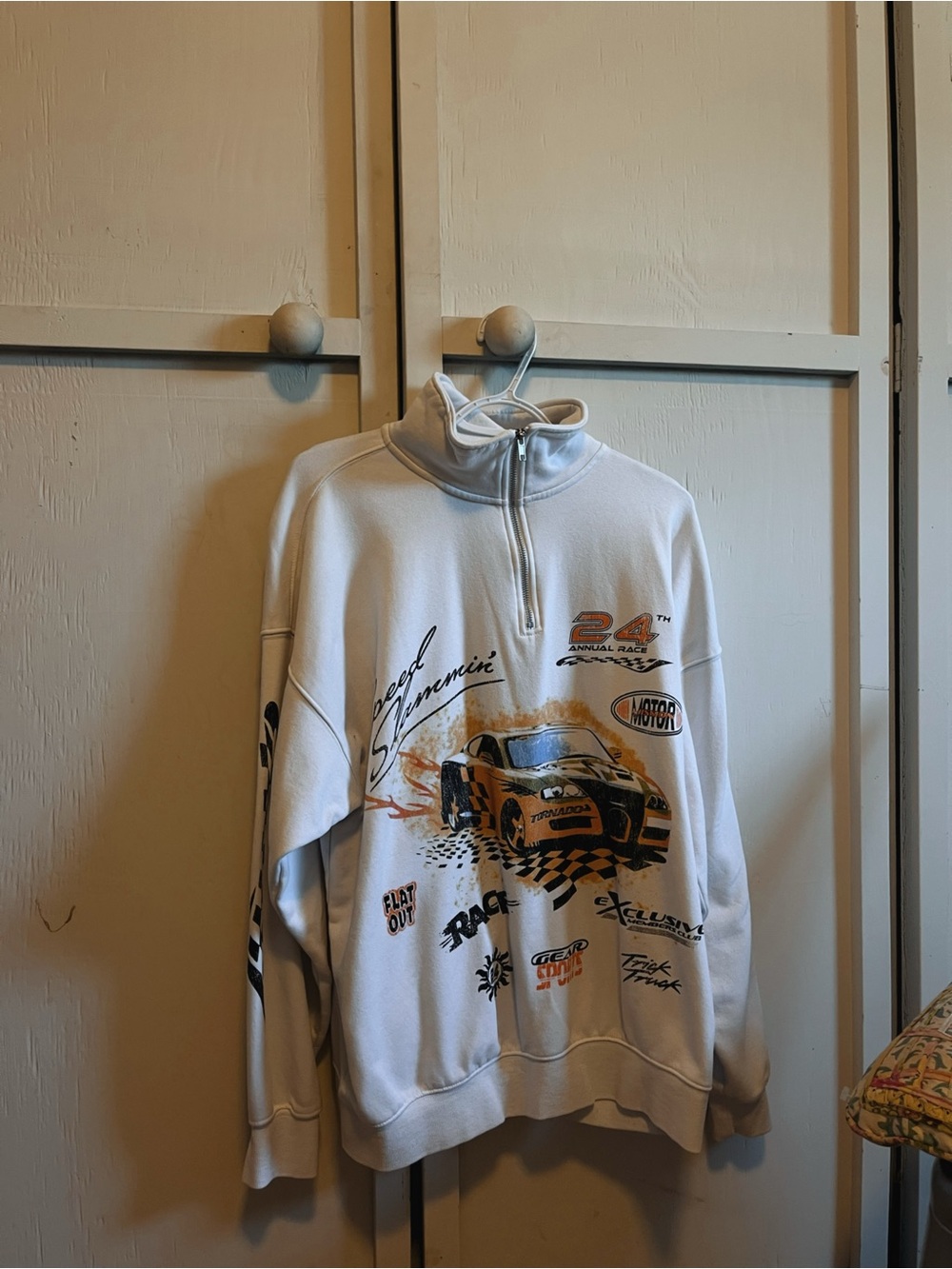 White Graphic Racing Quarter-Zip Sweater